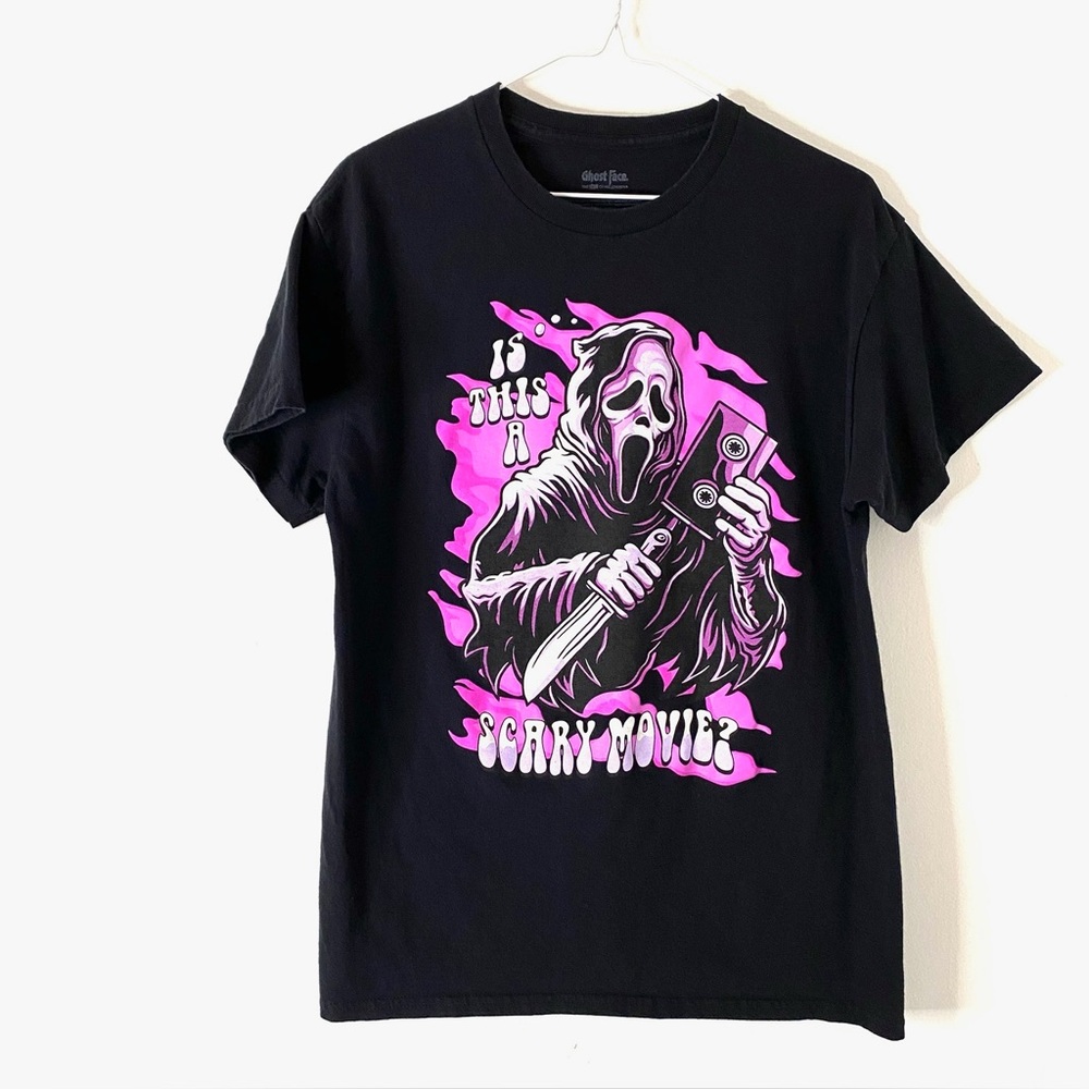 Ghost Face Scream Black Graphic Tee Purple Horror Movie Shirt